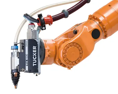 Close-up of a Tucker stud welding robot arm with an attached welding head