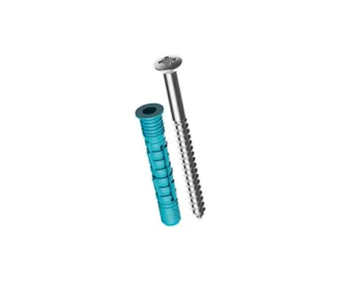A blue sealing all-purpose plug and a screw on a white background.