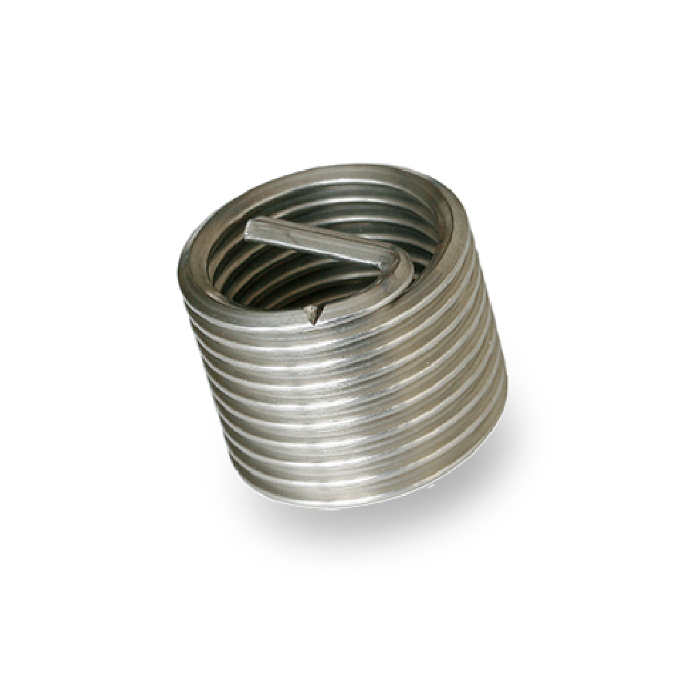 Silver FILTEC metal wire thread insert with spiral structure and tang on a white background.