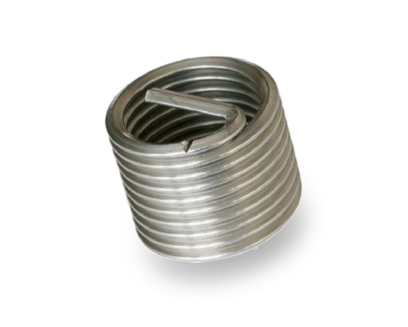 Silver FILTEC metal wire thread insert with spiral structure and tang on a white background.