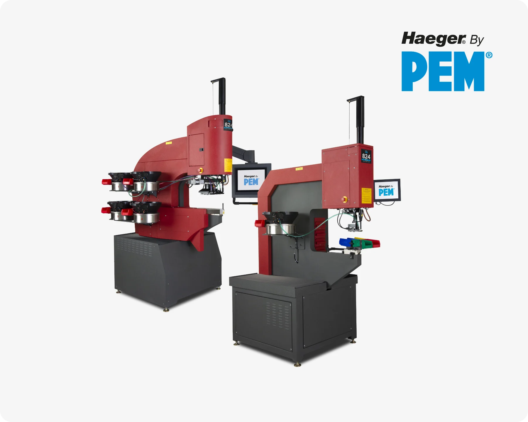 两台Haeger压铆机用于浅灰色背景上的自锁紧紧固件。