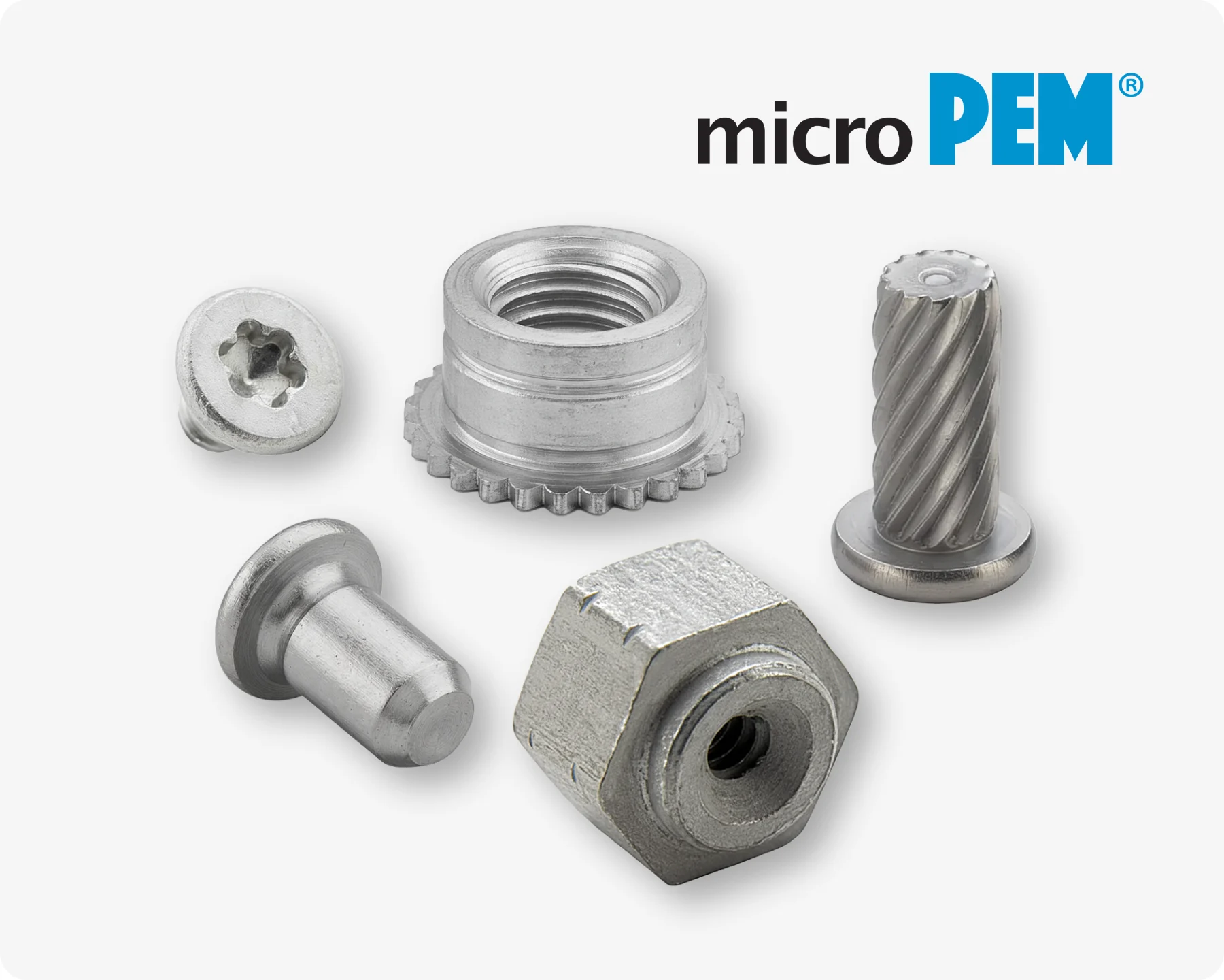 microPEM PEM 微型紧固件产品展示，包括 TackPins、自锁压铆间隔柱（self‑clinching standoffs）和 TackScrews，适用于紧凑型电子应用，浅灰色背景，右上角为 microPEM 标志。