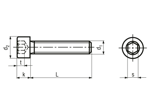 Technical drawing with dimensions of Hex socket head cap screws fully threaded