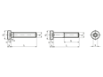 Technical drawing with dimensions of Hex socket head cap screws with low head and pilot recess, partially / fully threaded