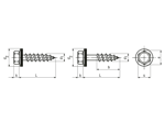 Technical drawing with dimensions of JA-2 - Building screws with cone end partially / fully threaded, with sealing washer