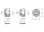 Technical drawing with dimensions of Hex slotted and castle nuts