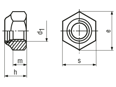 Technical drawing with dimensions of Prevailing torque type hex lock nuts thin type, metric fine thread, with polyamide insert
