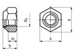 Technical drawing with dimensions of Prevailing torque type hex lock nuts thin type, metric fine thread, with polyamide insert