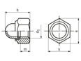 Technical drawing with dimensions of Prevailing torque type hex domed cap nuts with polyamide insert