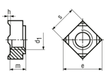 Technical drawing with dimensions of Square weld nuts