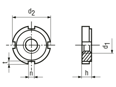 Technical drawing with dimensions of Slotted round nuts unhardened and unground