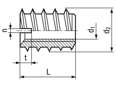 Technical drawing with dimensions of Rampa® B - Self-cutting thread inserts without head, with slot, with continuous internal thread, for softwood