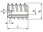 Technical drawing with dimensions of Rampa® B - Self-cutting thread inserts without head, with slot, with continuous internal thread, for softwood