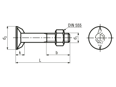 Technical drawing with dimensions of Flat head bolts with double fins with hex nut