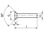Technical drawing with dimensions of Flat countersunk head rivets 90°