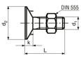Technical drawing with dimensions of Elevator bucket bolts with hex nut