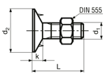 Technical drawing with dimensions of Elevator bucket bolts with hex nut