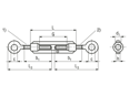 Technical drawing with dimensions of Turnbuckles with two eye bolts