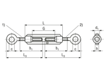 Technical drawing with dimensions of Turnbuckles with two eye bolts