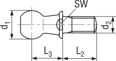 Technical drawing with dimensions of Angle joint studs type C, with screw stud