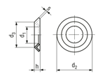 Technical drawing with dimensions of Finishing washers for 90° countersunk head screws