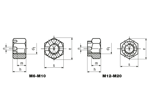 Technical drawing with dimensions of Hex slotted and castle nuts