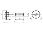 Technical drawing with dimensions of Round head square neck bolts without hex nuts