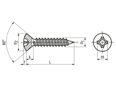 Technical drawing with dimensions of Phillips oval countersunk head tapping screws form H, with cone end type C