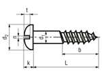 Technical drawing with dimensions of Slotted round head wood screws