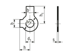 Technical drawing with dimensions of Tab washers with long and short tab
