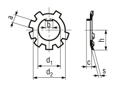 Technical drawing with dimensions of Tab washers for slotted round nuts DIN 70852