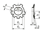 Technical drawing with dimensions of Tab washers for slotted round nuts DIN 70852
