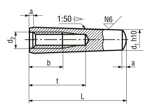 Technical drawing with dimensions of Taper pins with internal thread unhardened, ground