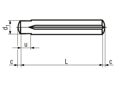 Technical drawing with dimensions of Grooved pins full length parallel grooved with pilot end