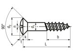 Technical drawing with dimensions of Slotted oval countersunk head wood screws