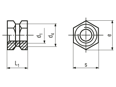 Technical drawing with dimensions of A - Threaded inserts for insertion form A hexagonal without shoulder, with through hole thread, for thermoplastics and thermosets