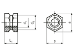 Technical drawing with dimensions of A - Threaded inserts for insertion form A hexagonal without shoulder, with through hole thread, for thermoplastics and thermosets