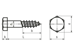 Technical drawing with dimensions of Hex head wood screws