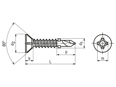 Technical drawing with dimensions of Phillips flat countersunk head self-drilling screws form H, with ribs and wings