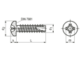 Technical drawing with dimensions of Phillips pan head thread cutting screws form H, with tapping screw thread type 1