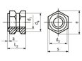 带尺寸的技术图：C - 嵌入式螺纹嵌套 C型 六角带肩部和通孔螺纹，用于热塑性塑料和热固性塑料
