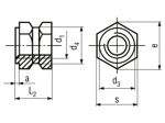 Technical drawing with dimensions of C - Threaded inserts for insertion form C hexagonal with shoulder, with through hole thread, for thermoplastics and thermosets