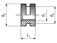 Technical drawing with dimensions of B - Threaded inserts for insertion form B knurled without shoulder, with through hole thread, for thermoplastics and thermosets