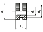 Technical drawing with dimensions of B - Threaded inserts for insertion form B knurled without shoulder, with through hole thread, for thermoplastics and thermosets