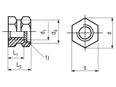 Technical drawing with dimensions of E - Threaded inserts for insertion form E hexagonal without shoulder, with threaded blind hole, for thermoplastics and thermosets