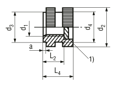 Technical drawing with dimensions of H - Threaded inserts for insertion form H knurled with shoulder, with threaded blind hole, for thermoplastics and thermosets