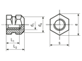 Technical drawing with dimensions of P - Threaded inserts for insertion form P hexagonal without shoulder, with threaded blind hole, for thermoplastics and thermosets