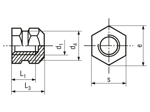 Technical drawing with dimensions of P - Threaded inserts for insertion form P hexagonal without shoulder, with threaded blind hole, for thermoplastics and thermosets