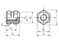 Technical drawing with dimensions of R - Threaded inserts for insertion form R hexagonal with shoulder, with threaded blind hole, for thermoplastics and thermosets