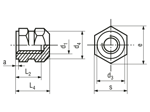 Technical drawing with dimensions of R - Threaded inserts for insertion form R hexagonal with shoulder, with threaded blind hole, for thermoplastics and thermosets